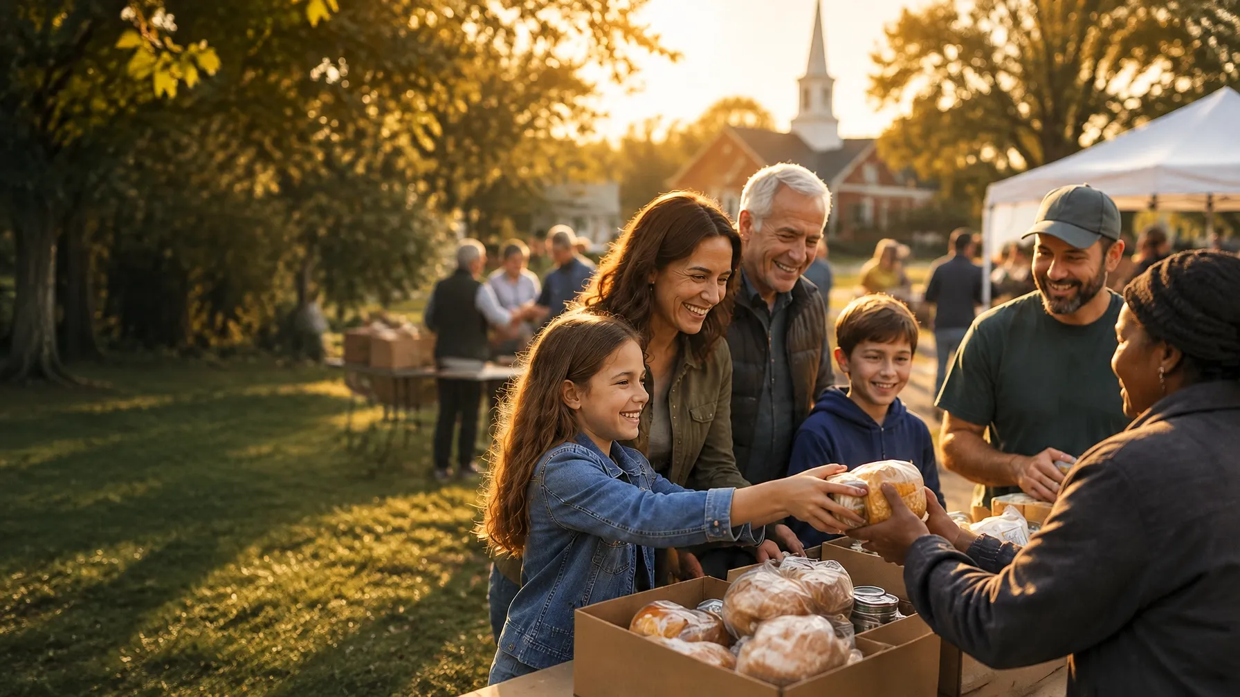 Families and volunteers sharing food with neighbors at a community gathering